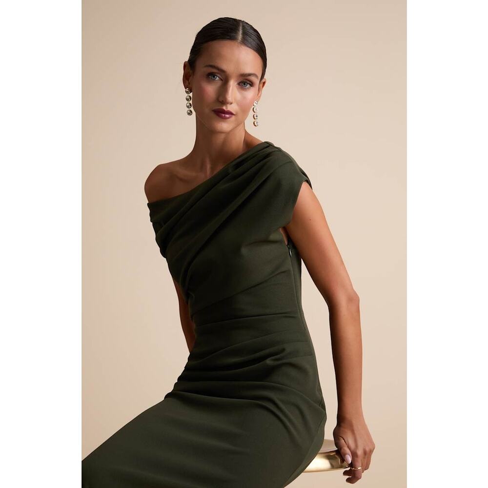 NWT Lulus Janine Dark Olive Green Asymmetrical Maxi Dress Bridesmaid Gala Size L - Picture 7 of 8